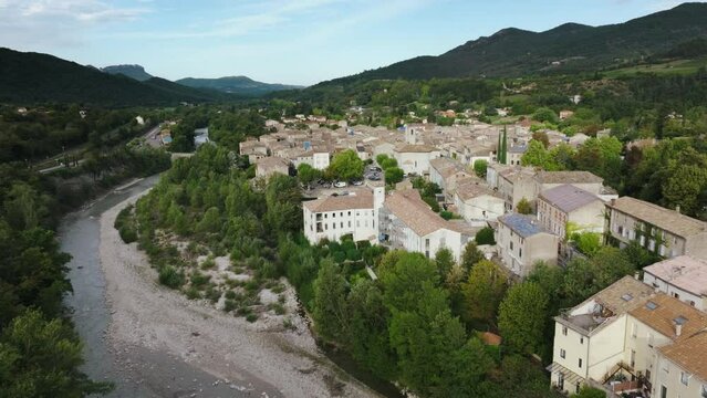 Aerial of charming village of Saillans, overlooking the Col de Blancheville, river Dr&ocirc;me.  Located in the Dr&ocirc;me department, in the Auvergne-Rh&ocirc;ne-Alpes region.