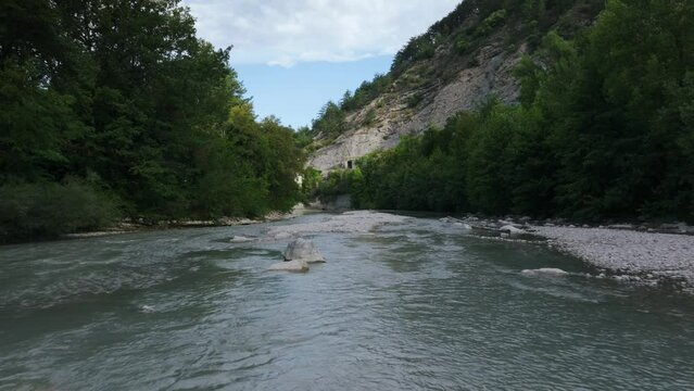 Natural low angle sunlight scenery of river, overlooking the Col de Blancheville, river Dr&ocirc;me. Located in the Dr&ocirc;me department, in the Auvergne-Rh&ocirc;ne-Alpes region, France.