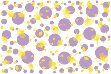 Illustration, Abstract Gold line of Ginkgo biloba leaves with violet circle on white background.