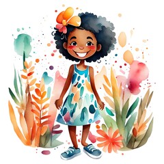 A cute African American black girl with a great smile done in a watercolor style illustration