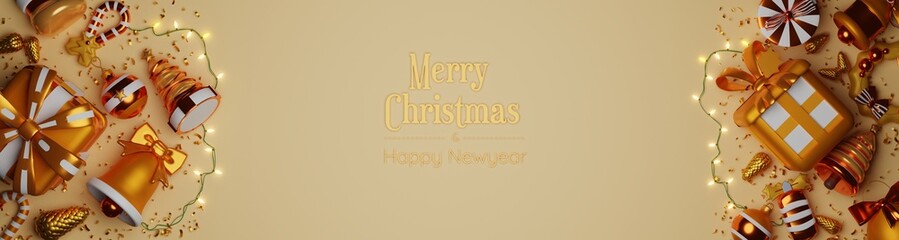 Merry Chrismas and Happy New Year banner with gift box  and decoration gifts background.3D rendering