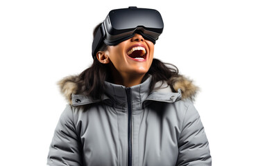 Young lady wearing VR headset isolated on transparent background.