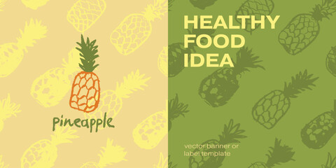 Vector seamless pattern with color hand drawn pineapple ornament. Healthy food idea banner template design. Organic ananas label template. Fruit and berries doodles for natural cosmetic design.