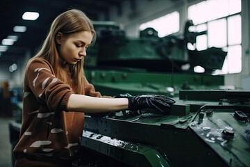 A female soldier serving in the army stands near a battle tank.
