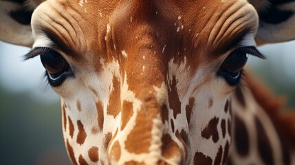 a close up of a giraffe's face - obrazy, fototapety, plakaty