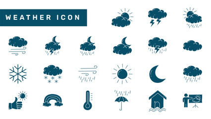 Hand drawn weather flat icon design. Weather doodle icon set. Sun, rain, snow, cloud, cloudy, rainy, temperature. - obrazy, fototapety, plakaty