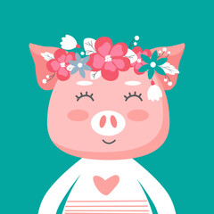 Obraz na płótnie Canvas Cute pig with a flower crown. Vector illustration for childrens room decoration, posters, birthday greeting cards, T- shirt prints. head of an animal. Vector illustration. 