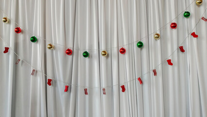 Christmas baubles isolated on white  curtain background. Christmas decorations