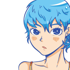 Cute young anime girl portrait face with blue hair vector drawing illustration outline only isolated on square white background. Simple flat anime japan art style drawing.