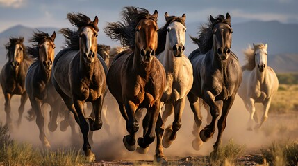 a group of horses running - obrazy, fototapety, plakaty