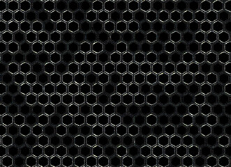 Abstract image with hexagonal black background. Double abstract cell border with color shapes and brush hollow shapes with color spots and blank fragments. Black interior on white edged hexagons patte
