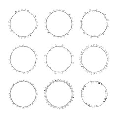 Set Abstract Black Collection Simple Line Round Circle With Leaf Leaves Frame Flowers Doodle Outline Element Vector Design Style Sketch Isolated Illustration For Wedding And Banner