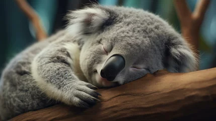 Schilderijen op glas a koala bear sleeping on a tree branch © KWY