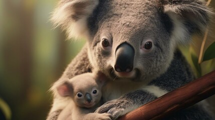 a koala bear holding a baby koala