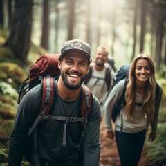 Photoshoot of A group of friends hiking through a dense forest - obrazy, fototapety, plakaty