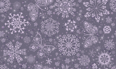 Vector Christmas seamless pink pastel pattern with lacy snowflakes and butterflies, stars