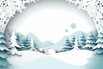 Merry chrismas and winter with snow and christmas tree. Paper art style. Crismass paper decorations, white and blue