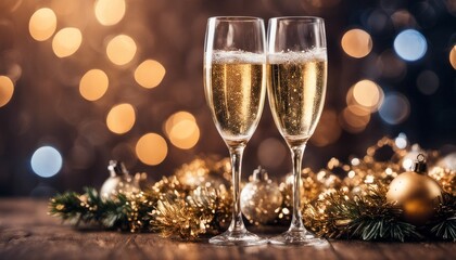  Close up of two champagne glasses with a festive background. It looks like a festive and celebratory scene.