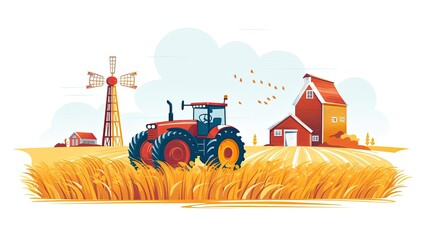 Obraz premium farm landscape with a tractor, mill, wheat, field. Cartoon illustration