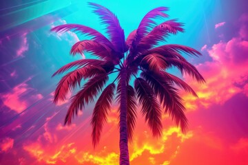 Fototapeta na wymiar Coconut palm tree bathed in neon lights, casting an ethereal glow against a purple gradient backdrop. Celebrates tropical allure with a modern twist.