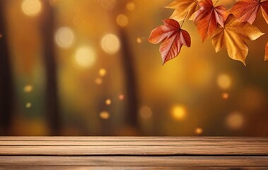 Naklejka na ściany i meble Empty wooden table with autumn background. Wooden table and autumn leaves on abstract bokeh fall background
