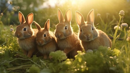a group of bunnies in a grassy area - obrazy, fototapety, plakaty