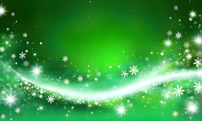 Green Christmas background with snow and snowflakes