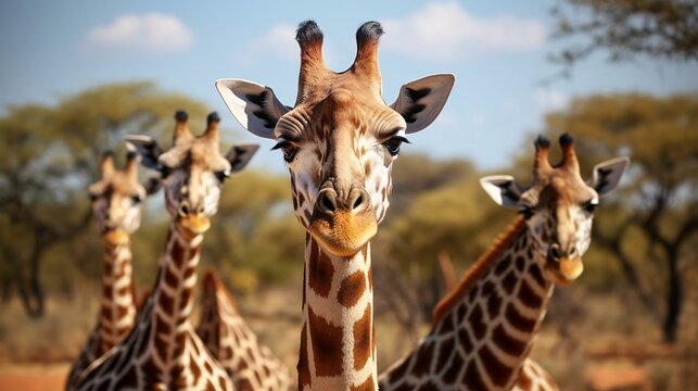 a group of giraffes stand in a line