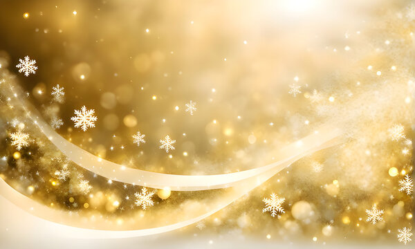 Gold Christmas background with snow and snowflakes