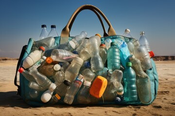 A close up of a volunteer's bag filled with plastic water bottles collected during the cleanup - obrazy, fototapety, plakaty