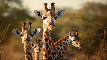 a group of giraffes stand in a field - obrazy, fototapety, plakaty