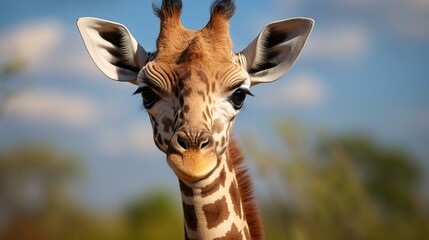 a giraffe with a blue sky in the background