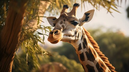 a giraffe stands in front of a tree