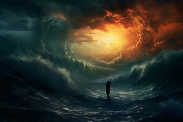 A person's silhouette in a stormy sea, illustrating emotional turbulence - obrazy, fototapety, plakaty