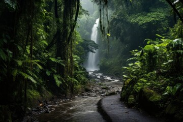 Obraz premium A road leading to a hidden waterfall in a tropical rainforest