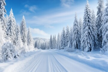 A snow-covered road in the heart of a winter wonderland