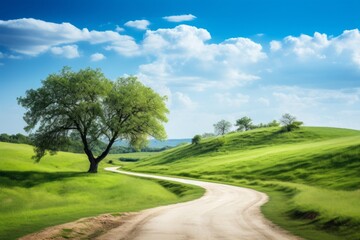 Fototapeta na wymiar A winding road through a serene countryside with a blue sky overhead