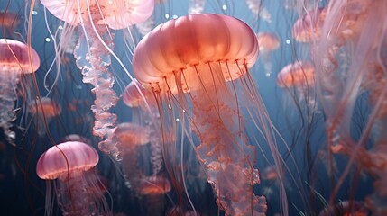 a group of red and white jellyfish in a tank