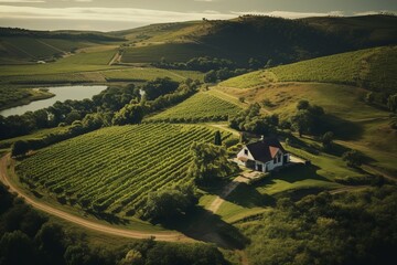 Obraz premium Aerial shot of a picturesque vineyard with a charming farmhouse