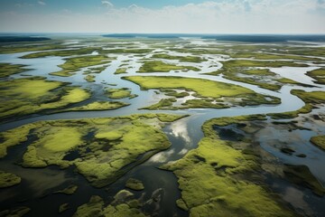 Aerial perspective of a vast saltwater marsh teeming with wildlife - obrazy, fototapety, plakaty