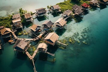 Fototapeta na wymiar Aerial view of a remote fishing village on stilts above the water