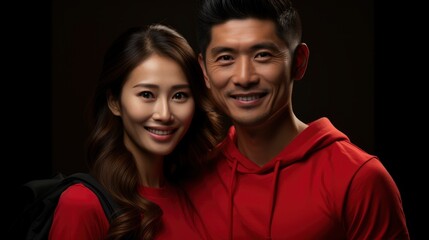 Happy Asian Couple Red Casual Attire With Holding , Happy New Year Background ,Hd Background
