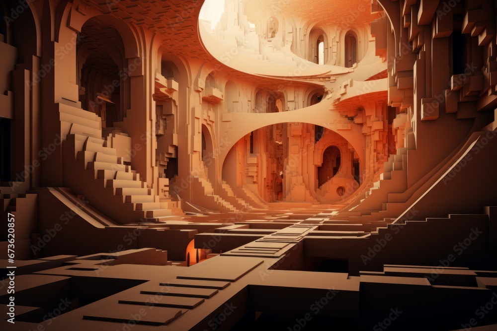 Poster enigmatic 3d realm with mysterious portals and surreal architecture