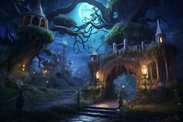 Enchanted 3D realm with mystic landscapes and magical illumination