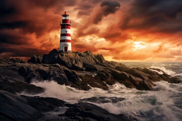 Lighthouse on a rocky shore under a dramatic sky background