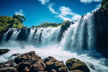 Majestic waterfall under a clear blue sky background