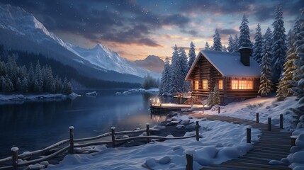 a cabin on a lake with a snowy mountain in the background