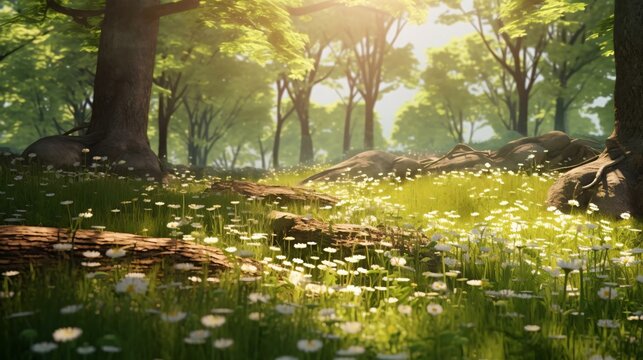 a grassy area with trees and rocks