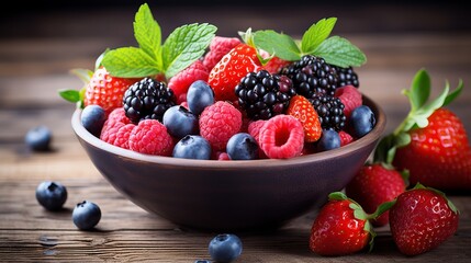 A bowl of colorful and nutritious mixed berries, a burst of vitamins and antioxidants - obrazy, fototapety, plakaty