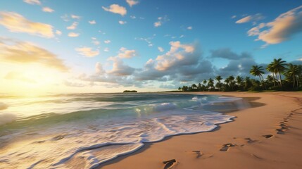 Fototapeta na wymiar a beach with palm trees and blue sky